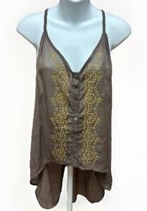 Double Zero Womens Sheer Tank Top Size Medium Brown New Embroidered High Low